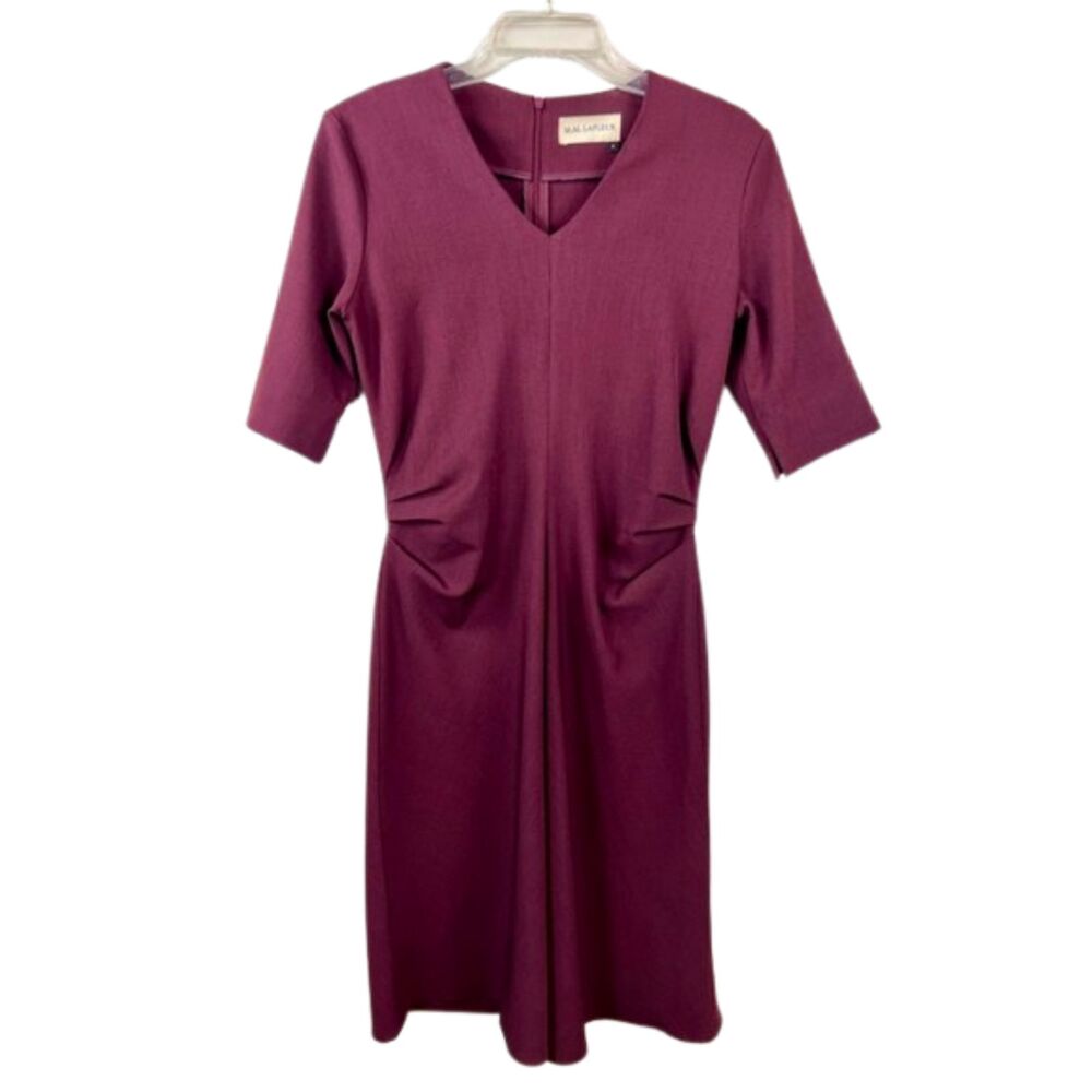 MM LaFleur Dress 6 Plum Burgundy V-Neck Pleated Corporate Workwear Midi